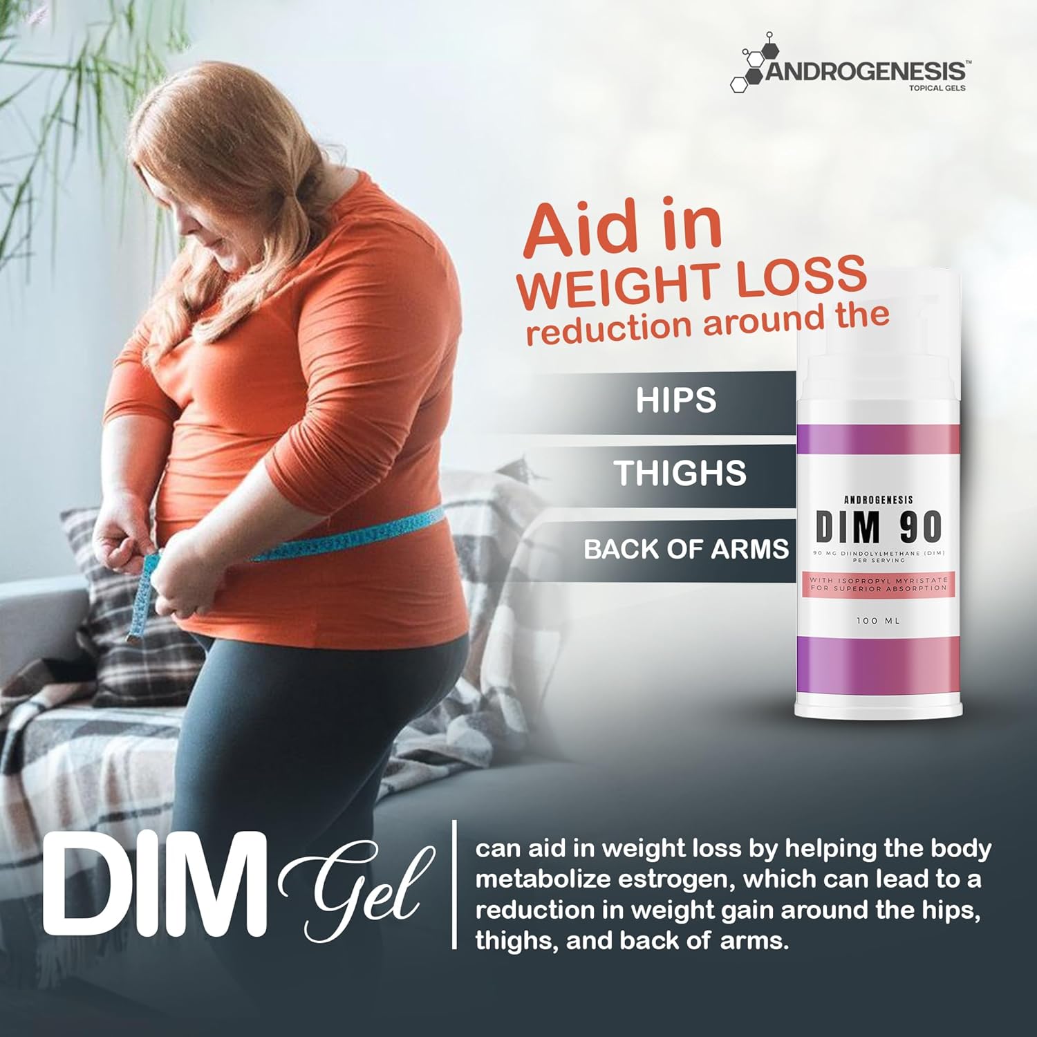 Maximum Strength Androgenesis DIM 90 Topical Gel - 90mg All Natural Diindolylmethane (DIM) - Supports Hormonal Balance, Cognitive Function, Mood, Memory and Immune System - 30 Servings