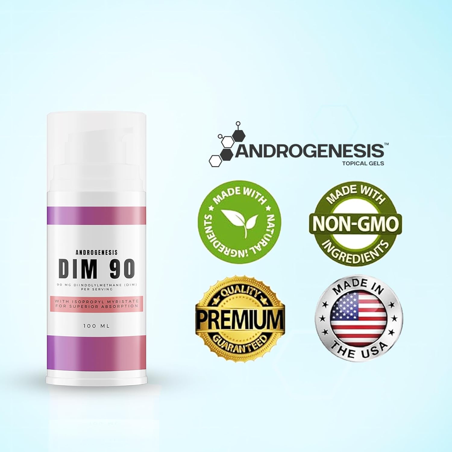 Maximum Strength Androgenesis DIM 90 Topical Gel - 90mg All Natural Diindolylmethane (DIM) - Supports Hormonal Balance, Cognitive Function, Mood, Memory and Immune System - 30 Servings