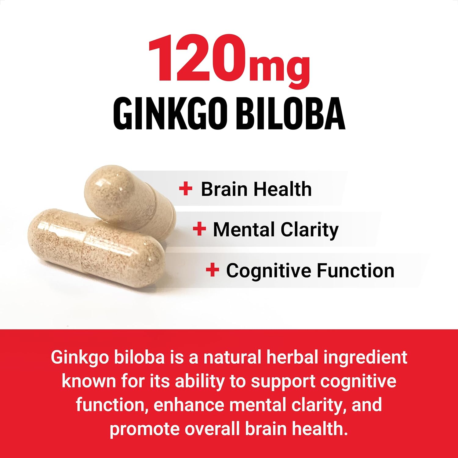 Maximum Strength Ginkgo Biloba 120mg Brain Health Supplement - Cognitive Support for Adults, Vegan, Non-GMO - 120 Capsules
