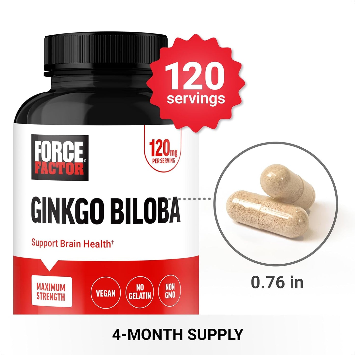 Maximum Strength Ginkgo Biloba 120mg Brain Health Supplement - Cognitive Support for Adults, Vegan, Non-GMO - 120 Capsules