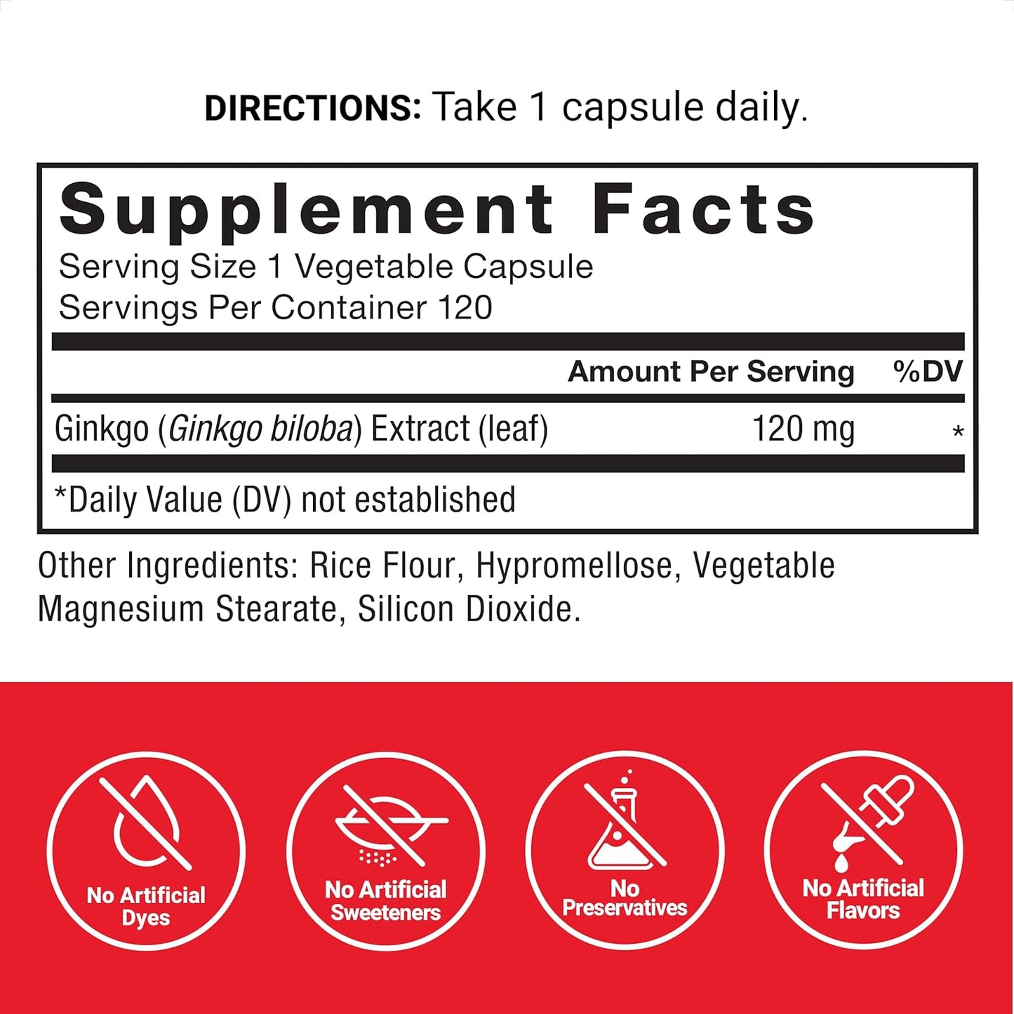 Maximum Strength Ginkgo Biloba 120mg Brain Health Supplement - Cognitive Support for Adults, Vegan, Non-GMO - 120 Capsules