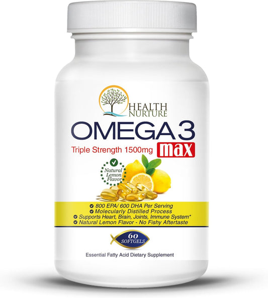 Maximum Strength Health Nurture Fish Oil Omega-3 Supplement - 1500mg, 800 EPA, 600 DHA - Pharmaceutical Grade Fish Oil