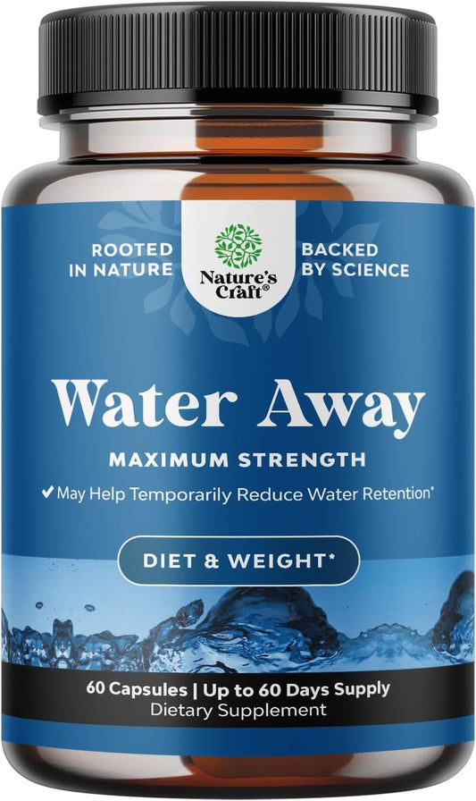 Maximum Strength Herbal Diuretic Water Away Pills for Fast Bloating Relief - 60 Servings for Men and Women - Easy to Take