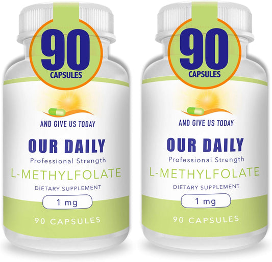 Maximum Strength L-Methylfolate 1mg Vegetarian Capsules - 5-MTHF Supplement - Non-GMO, Gluten Free - 90 Count x 2 Pack - Filler Free, Active Folate Formula
