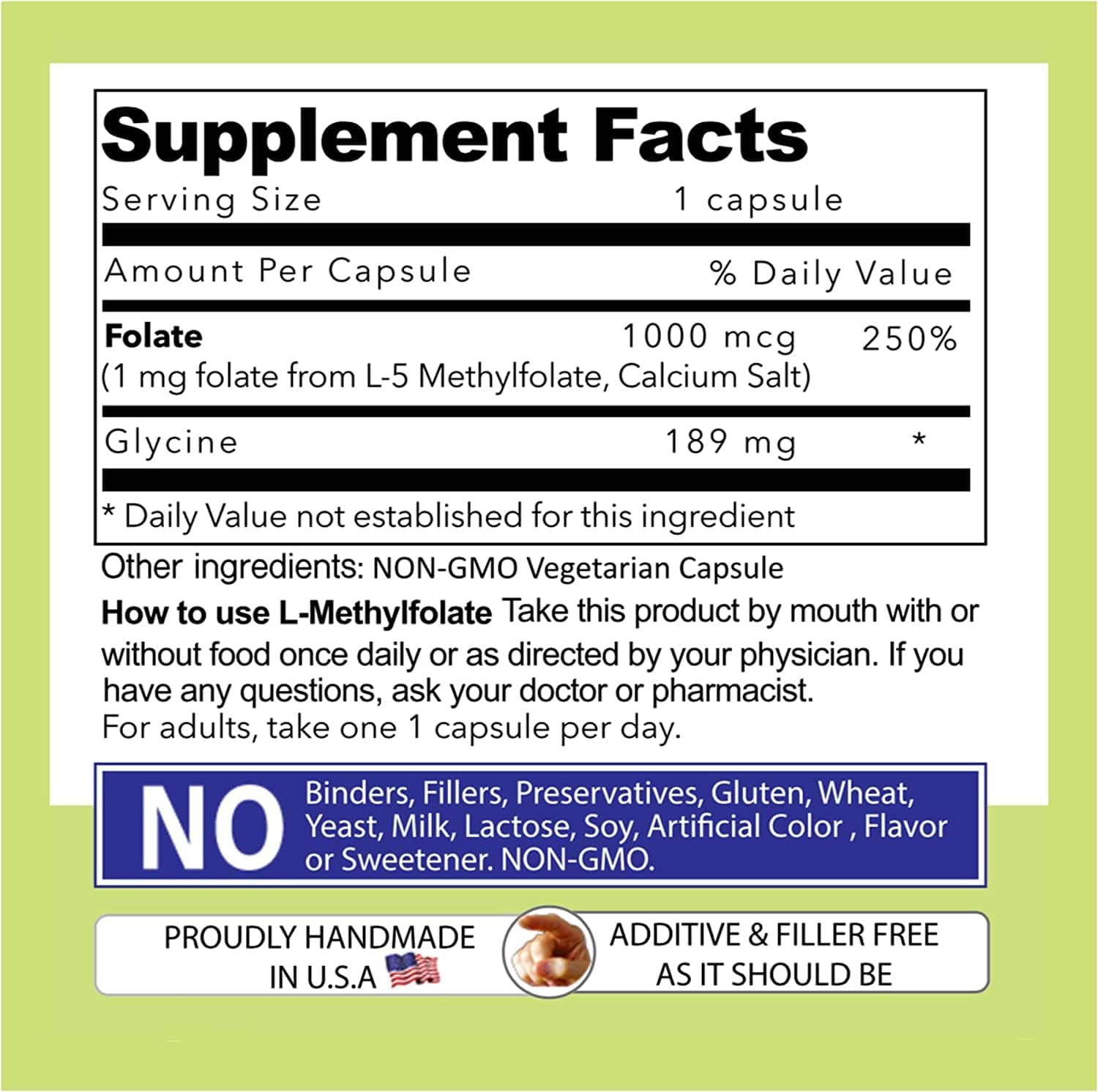 Maximum Strength L-Methylfolate 1mg Vegetarian Capsules - 5-MTHF Supplement - Non-GMO, Gluten Free - 90 Count x 2 Pack - Filler Free, Active Folate Formula