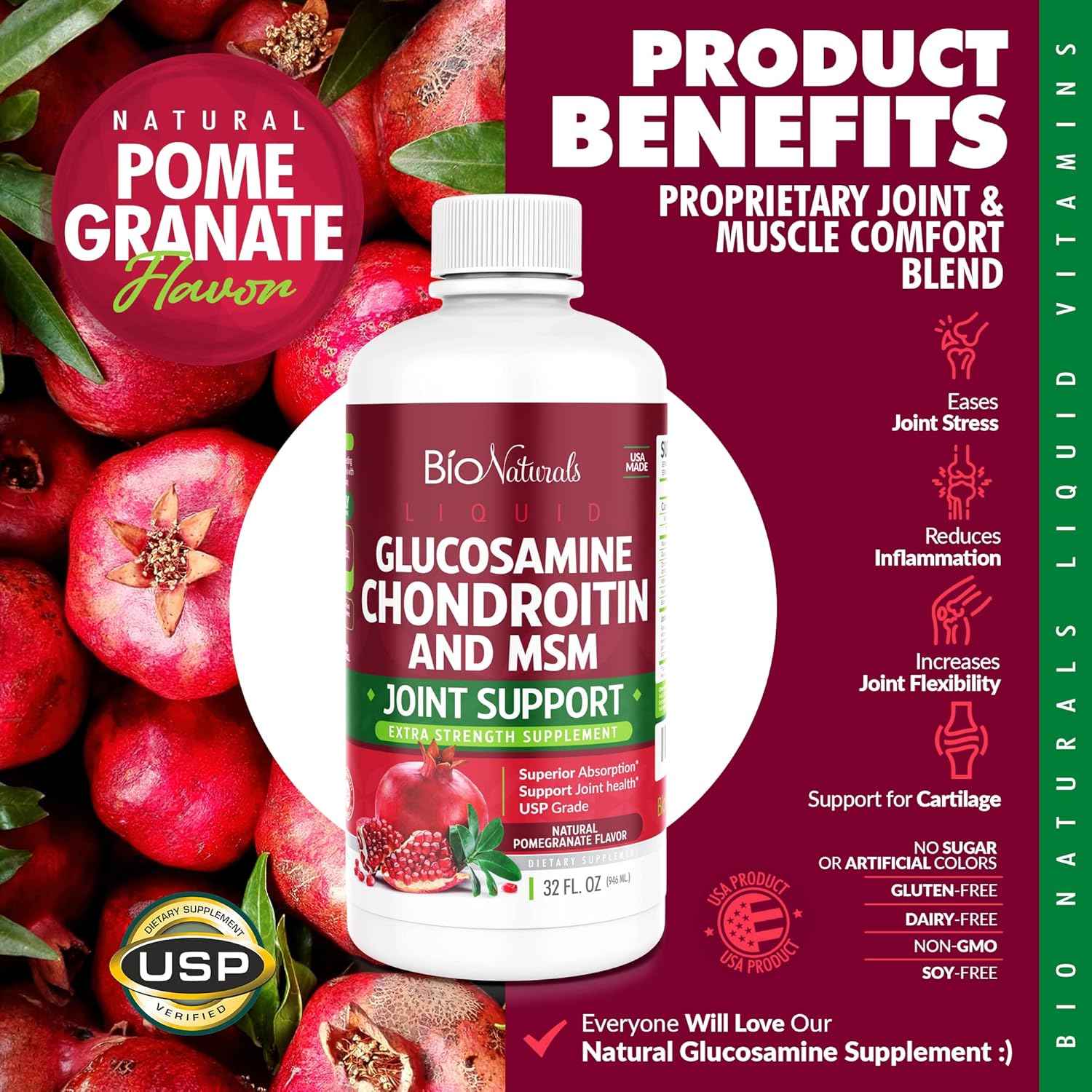 Maximum Strength Liquid Glucosamine Chondroitin MSM Supplement with Hyaluronic Acid for Joint Support - Pharmaceutical Grade - 32 fl oz