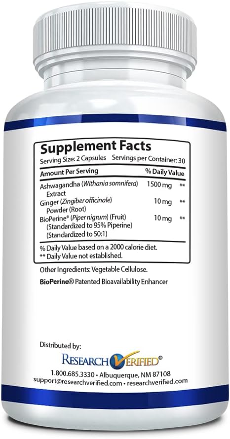 Maximum Strength Research Verified Ashwagandha 1500mg with Bioperine and Ginger Root - 60 Vegan Capsules, Cognitive Function Support