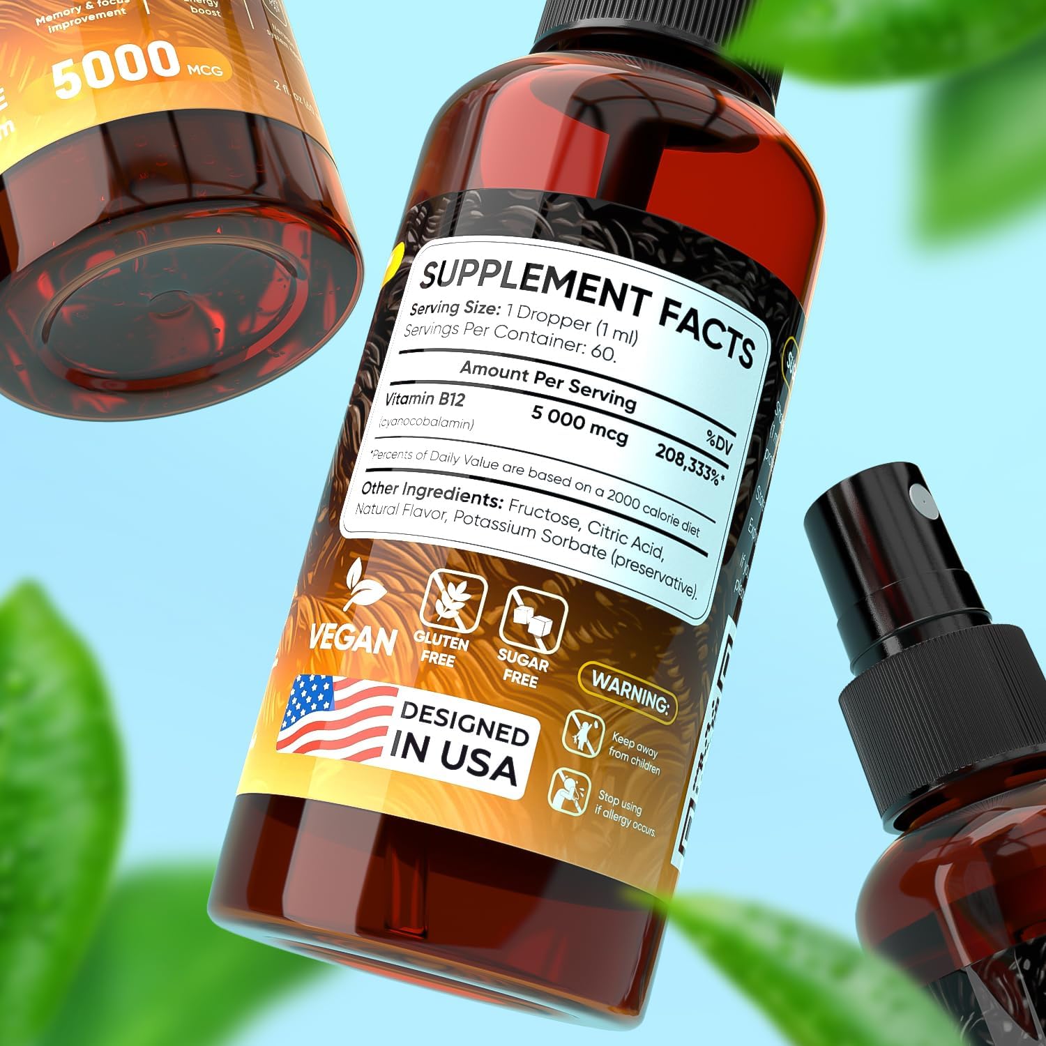 Maximum Strength Vegan B12 Liquid Spray for Energy, Memory, and Immune System Support - 2 Fl Oz