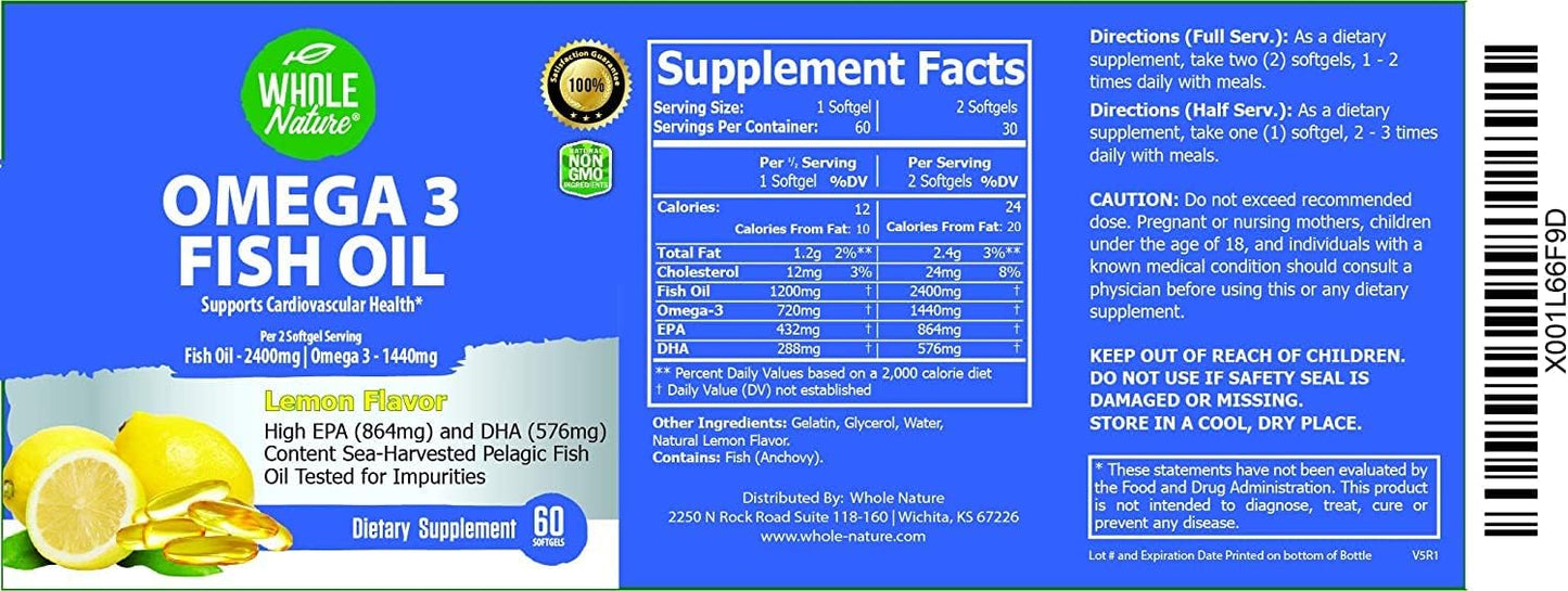 Maximum Strength Whole Nature Omega-3 Fish Oil Supplements, 2400mg, EPA and DHA Fatty Acids, Heart, Brain & Immune Support, Natural Lemon Flavor, 120ct