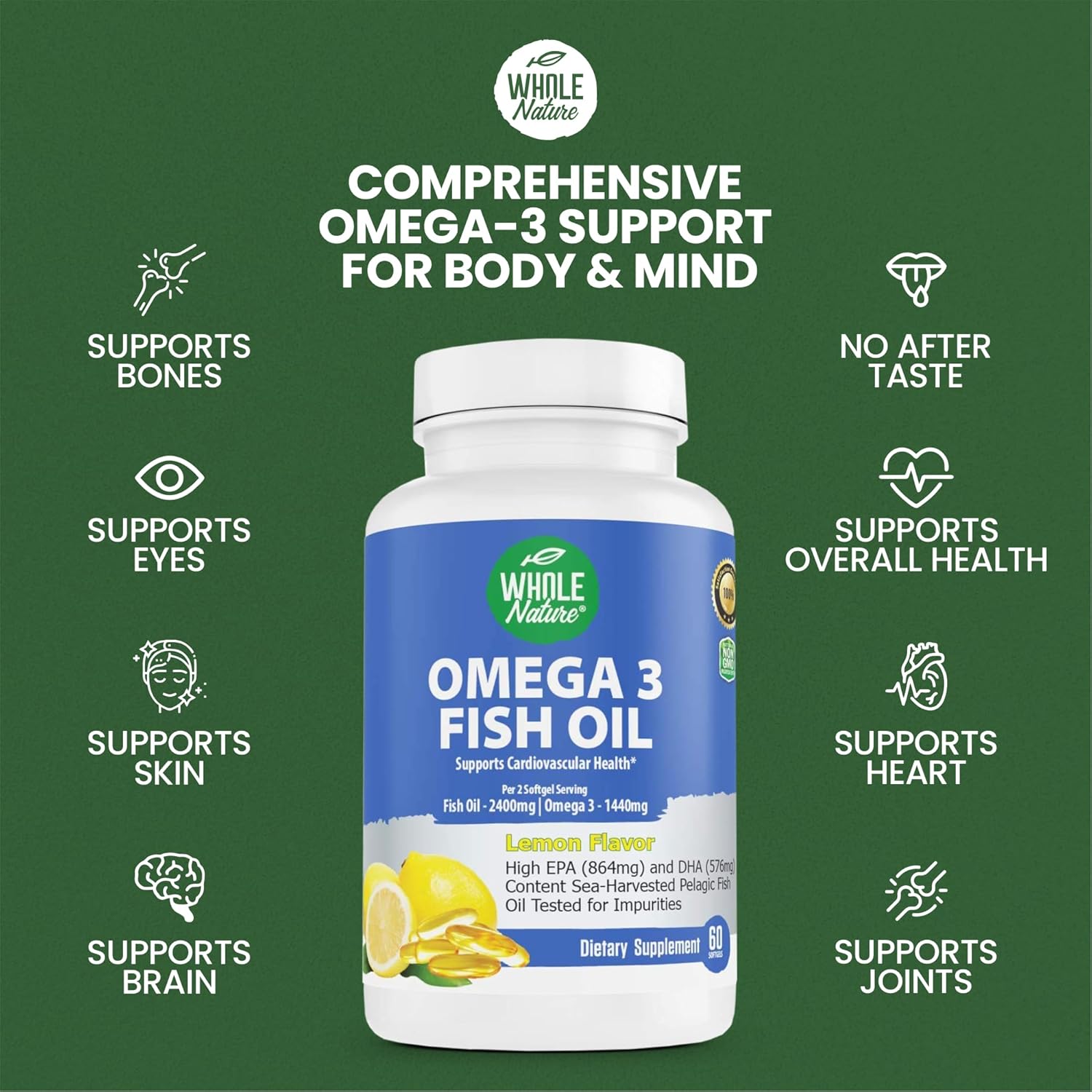 Maximum Strength Whole Nature Omega-3 Fish Oil Supplements, 2400mg, EPA and DHA Fatty Acids, Heart, Brain & Immune Support, Natural Lemon Flavor, 120ct
