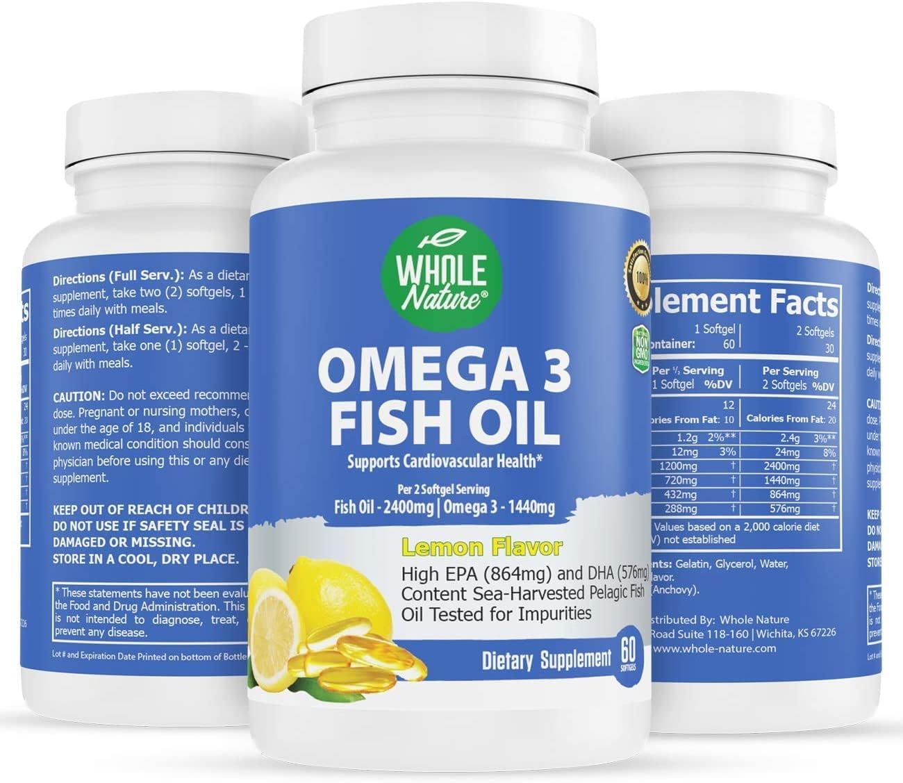 Maximum Strength Whole Nature Omega-3 Fish Oil Supplements, 2400mg, EPA and DHA Fatty Acids, Heart, Brain & Immune Support, Natural Lemon Flavor, 120ct