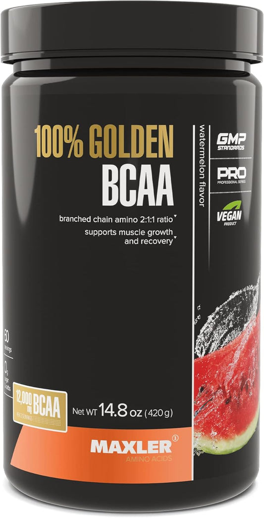 Maxler 100% Golden BCAA Powder - Vegan Amino Acids for Muscle Recovery & Growth - Watermelon Flavored Workout Drink - 60 Servings