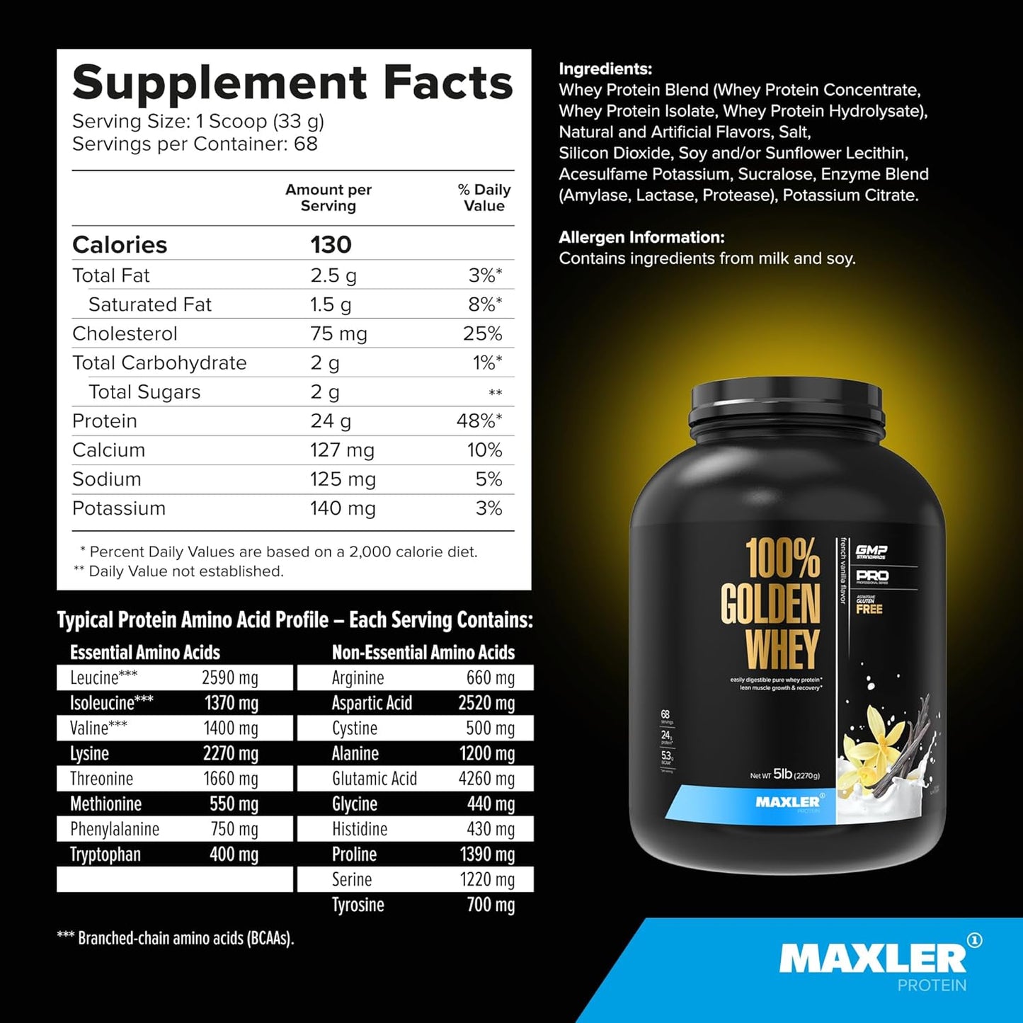 Maxler 100% Golden Whey Protein Powder - 24g per Serving - Pre, Post & Intra Workout - Fast-Absorbing Blend - French Vanilla 5 lbs