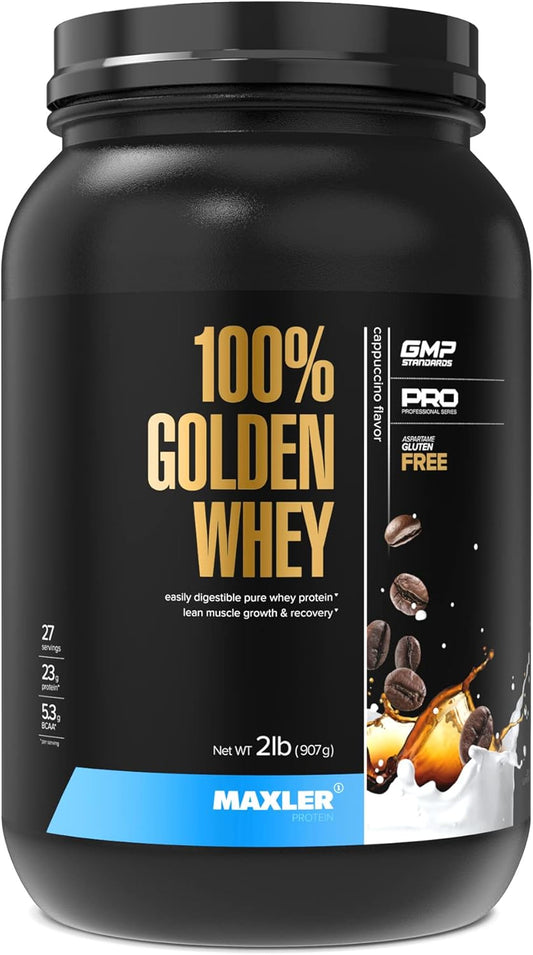 Maxler 100% Golden Whey Protein Powder - Cappuccino Flavor - 23g Protein per Serving - Pre, Post & Intra Workout Recovery - Fast-Absorbing Blend of Whey Hydrolysate, Isolate & Concentrate - 2 lbs