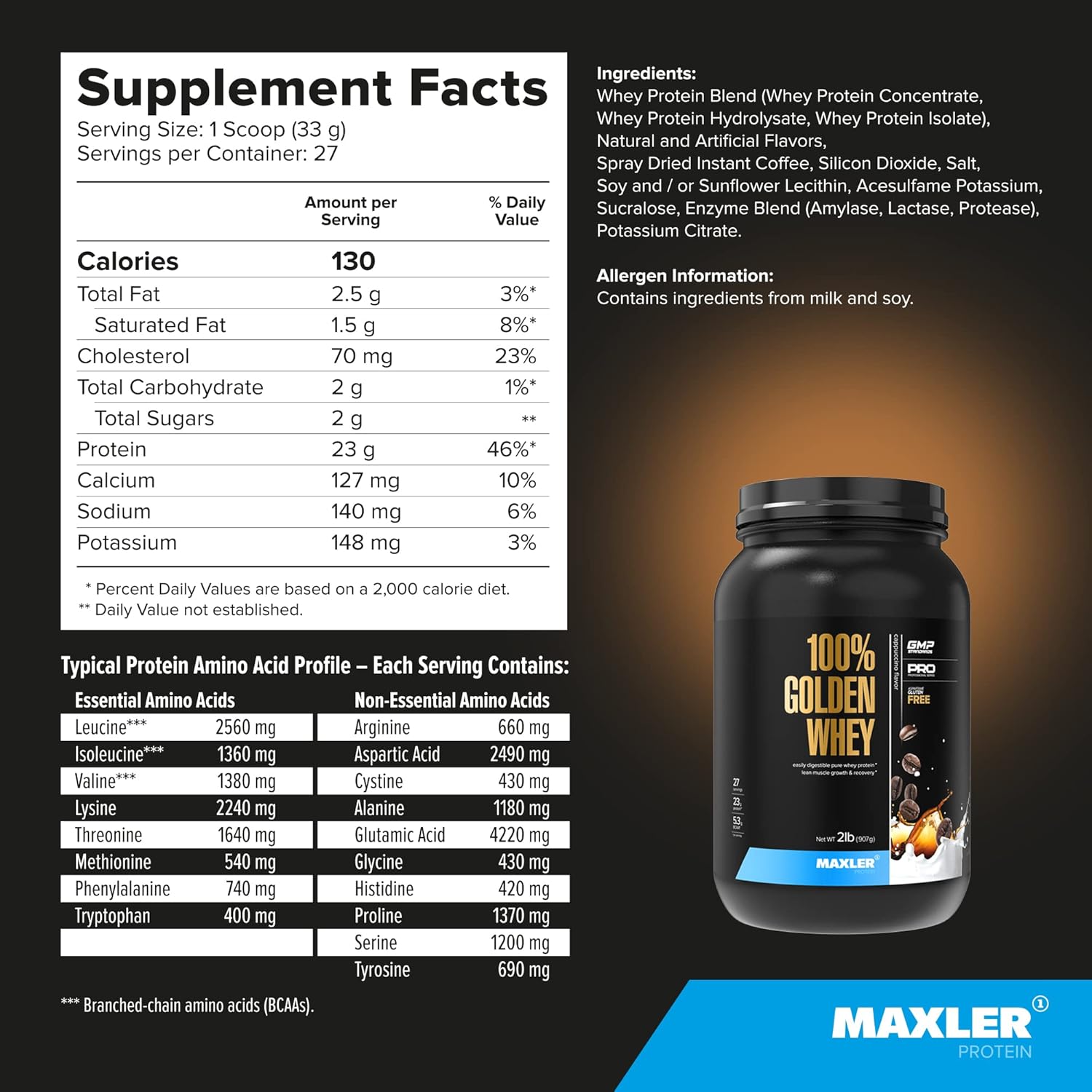 Maxler 100% Golden Whey Protein Powder - Cappuccino Flavor - 23g Protein per Serving - Pre, Post & Intra Workout Recovery - Fast-Absorbing Blend of Whey Hydrolysate, Isolate & Concentrate - 2 lbs