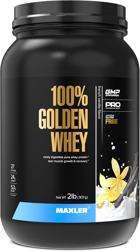 Maxler 100% Golden Whey Protein Powder: 24g per Serving - Pre, Post & Intra Workout - Fast-Absorbing Blend - French Vanilla 2 lbs