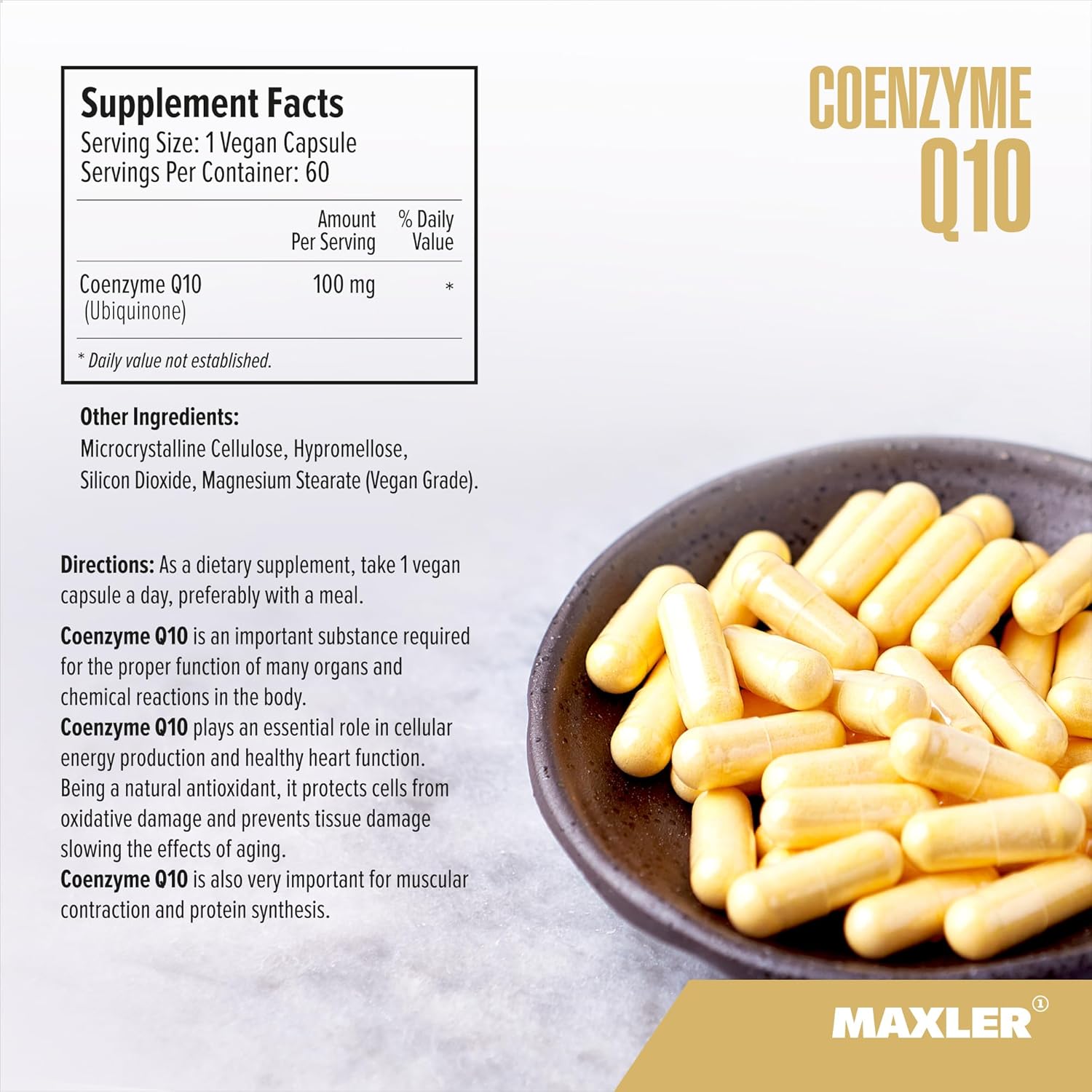 Maxler Coenzyme Q10 (Ubiquinone) Supplement - 100mg CoQ-10 per Serving - 60 Vegan Capsules for Antioxidant Support