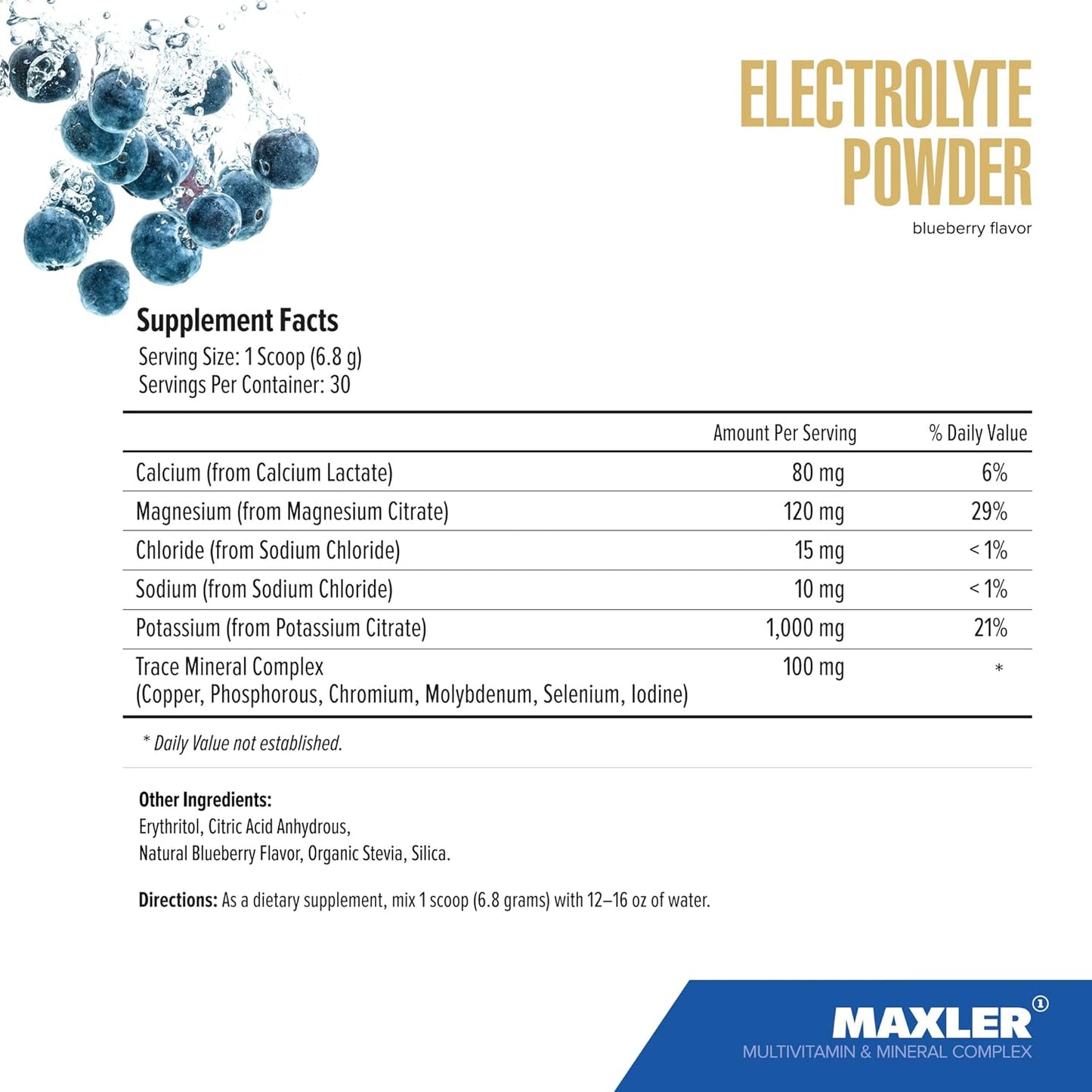 Maxler Electrolyte Powder: Hydration Drink Mix with Trace Minerals & Natural Sweeteners - 30 Servings, Blueberry Flavor