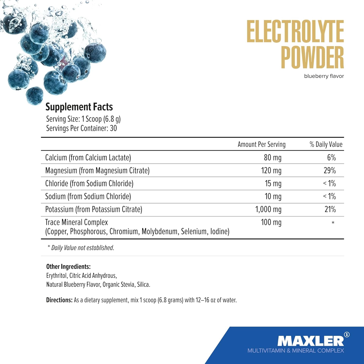 Maxler Electrolyte Powder: Hydration Drink Mix with Trace Minerals & Natural Sweeteners - 30 Servings, Blueberry Flavor