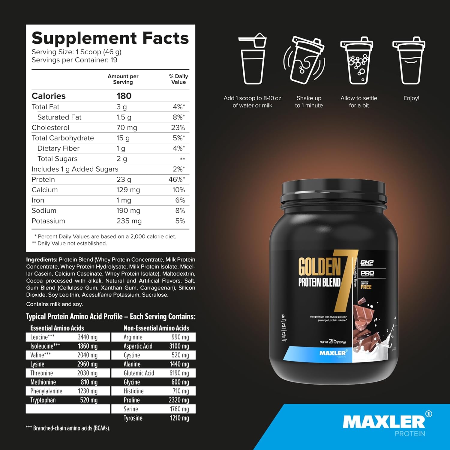 Maxler Golden 7 Protein Blend - Milk Chocolate Protein Powder for Muscle Gain and Recovery - 2 lb Size