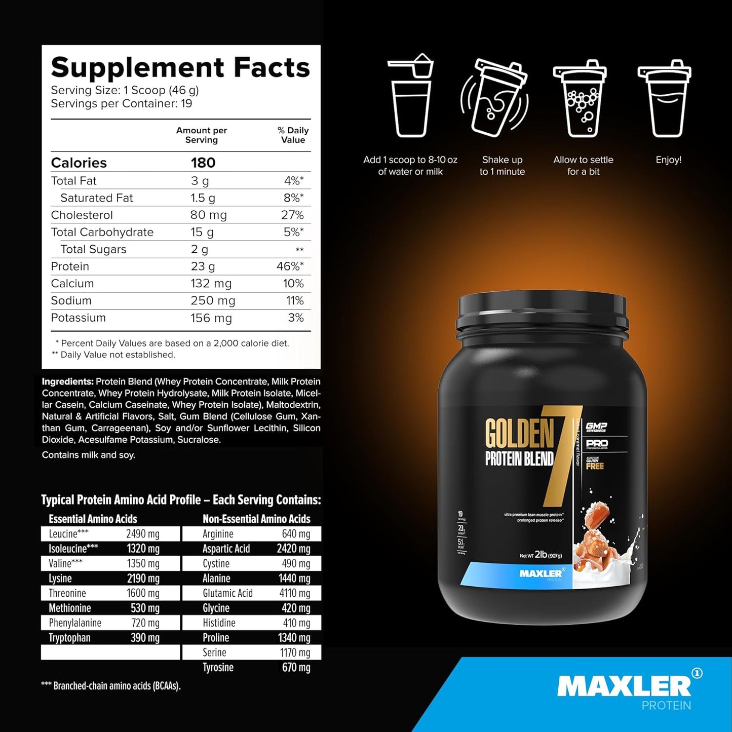 Maxler Golden 7 Protein Blend - Salted Caramel Protein Powder 2 lb - Ideal for Muscle Gain and Recovery