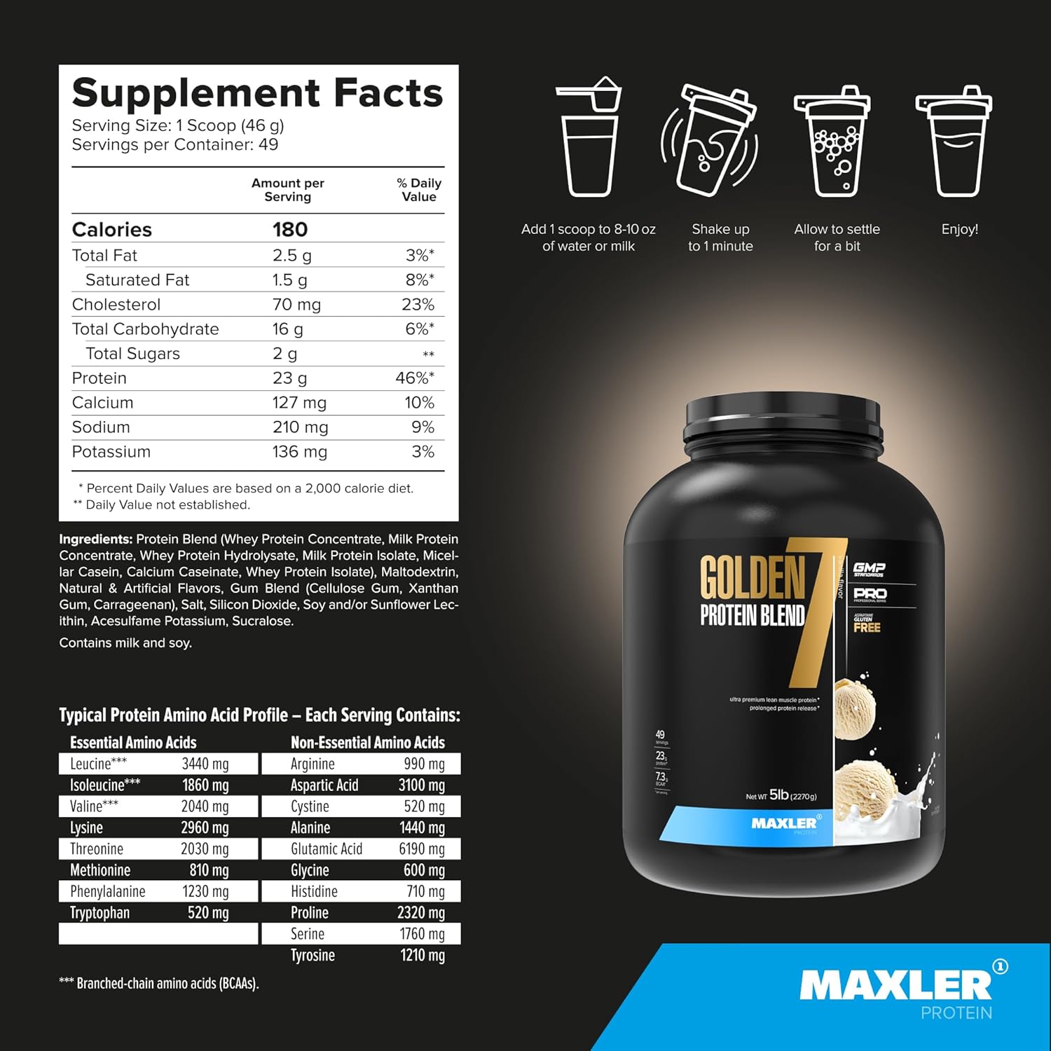 Maxler Golden 7 Protein Blend 5 lb - Vanilla Protein Powder for Muscle Gain and Recovery