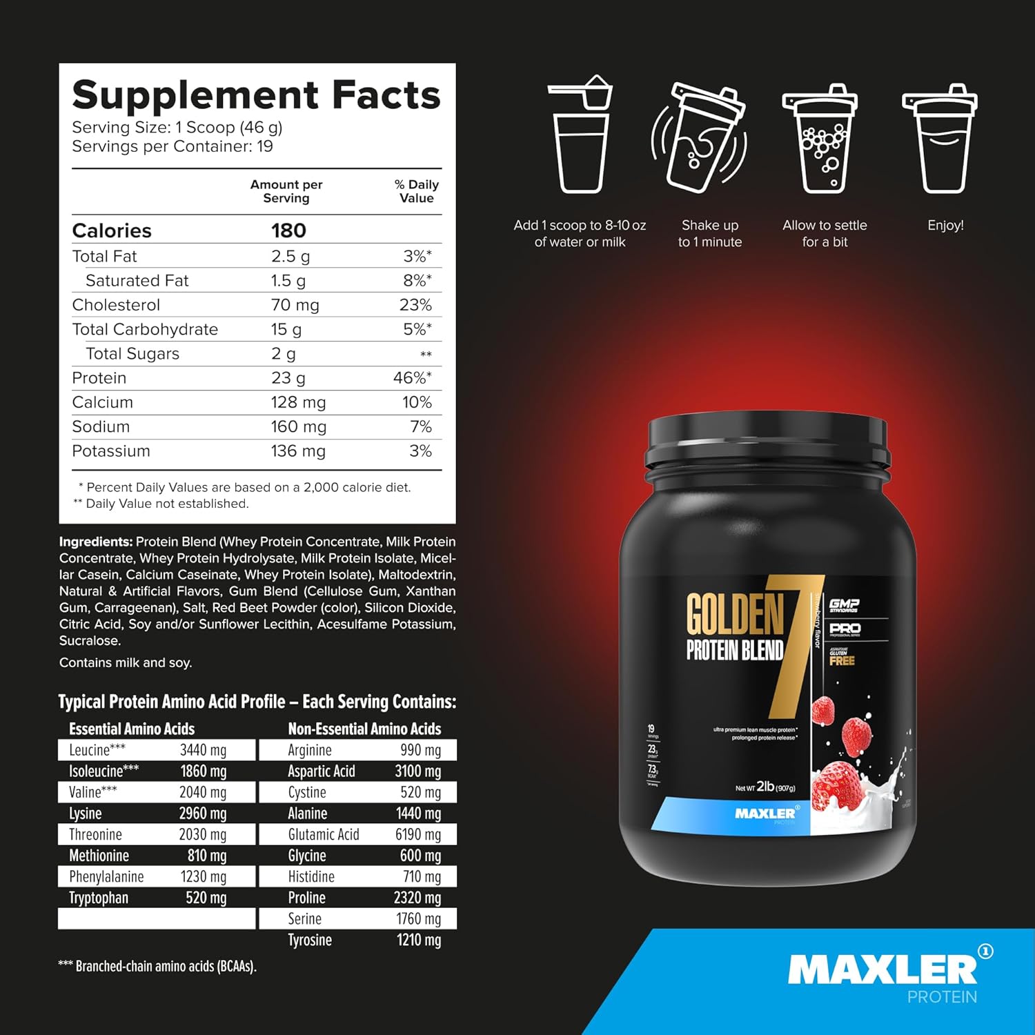 Maxler Golden 7 Protein Blend: Strawberry Protein Powder for Muscle Gain & Recovery - 2 lb Size