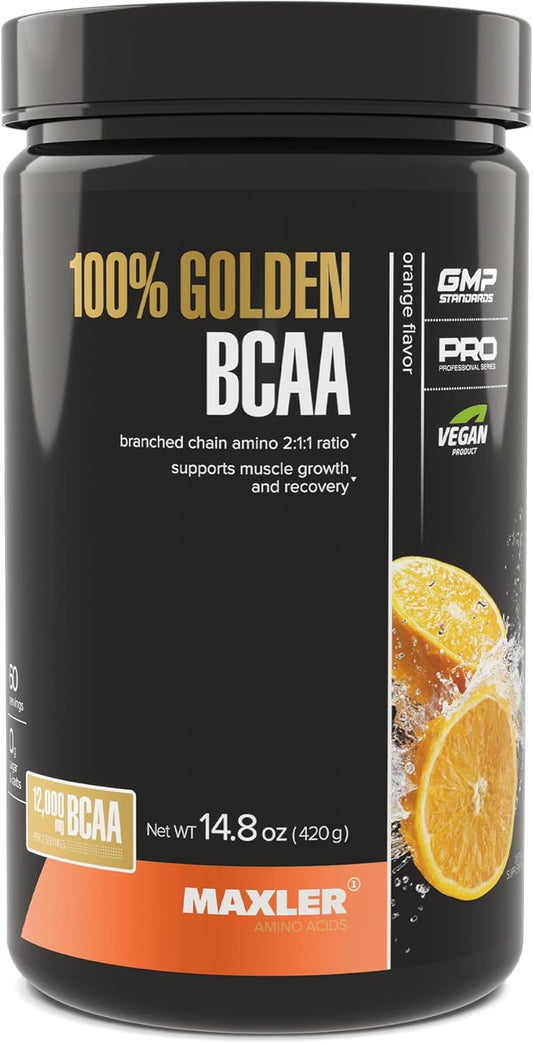 Maxler Golden BCAA Powder: Intra & Post Workout Recovery Drink for Muscle Growth - 6g Vegan Amino Acids - 60 Servings - Orange Flavor