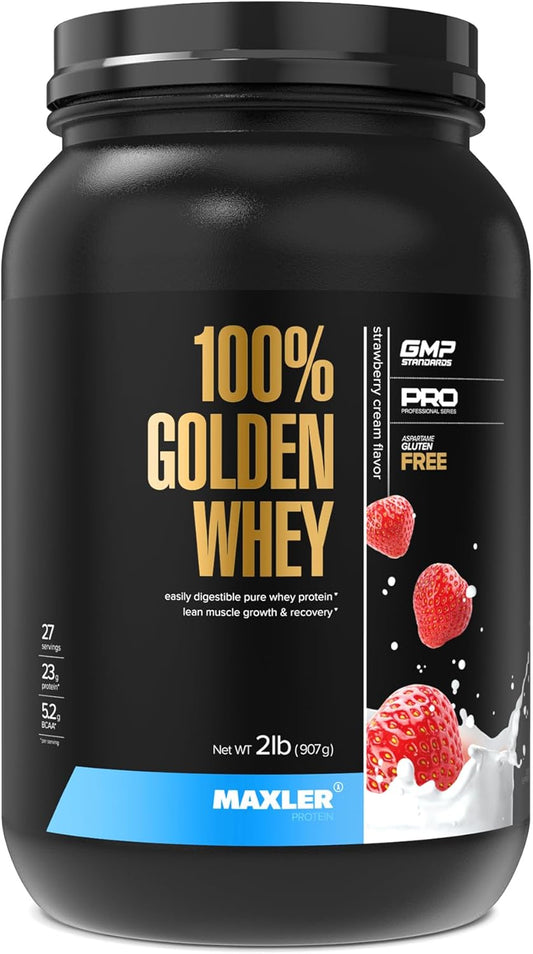 Maxler Golden Whey Protein Powder - 23g Premium Blend for Pre, Post, Intra Workout - Fast-Absorbing Strawberry Cream - 2 lbs