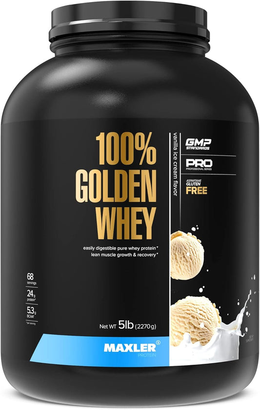 Maxler Golden Whey Protein Powder - 24g per Serving - Pre, Post & Intra Workout - Fast-Absorbing Blend - Vanilla Ice Cream 5 lbs