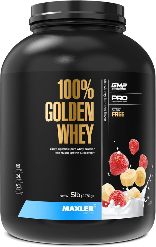Maxler Golden Whey Protein Powder - 24g Protein per Serving - Strawberry Banana Flavor - Premium Blend of Whey Concentrate, Isolate & Hydrolysate - Ideal for Pre and Post Workout - 5 lbs