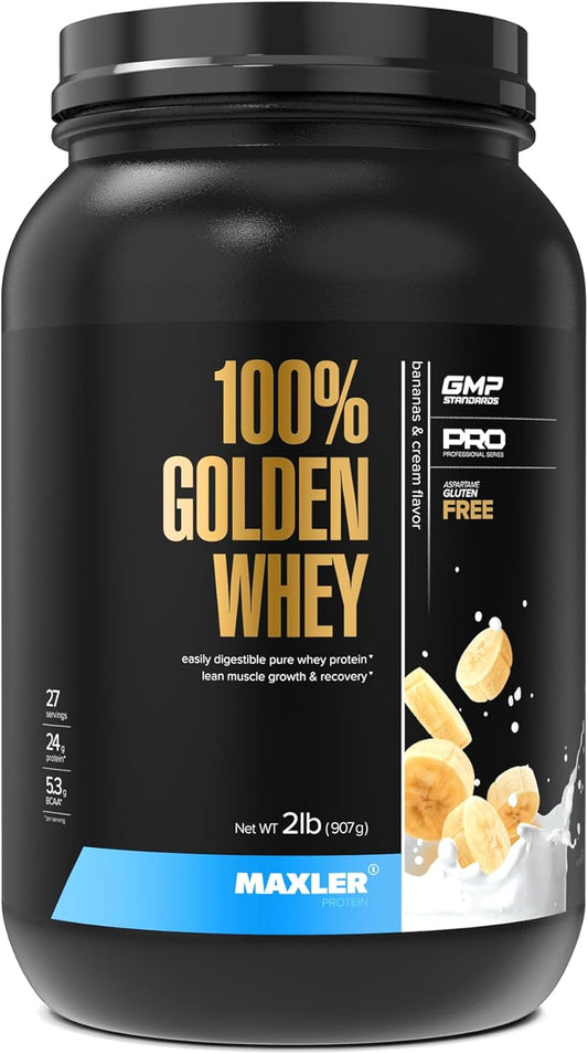 Maxler Golden Whey Protein Powder - 24g Protein per Serving - Fast-Absorbing Blend for Pre & Post Workout - Bananas & Cream Flavor - 2 lb