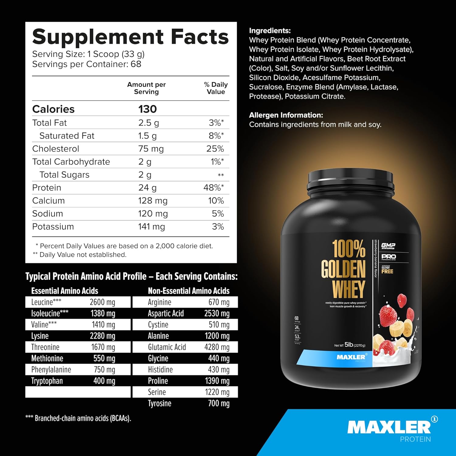 Maxler Golden Whey Protein Powder - 24g Protein per Serving - Strawberry Banana Flavor - Premium Blend of Whey Concentrate, Isolate & Hydrolysate - Ideal for Pre and Post Workout - 5 lbs