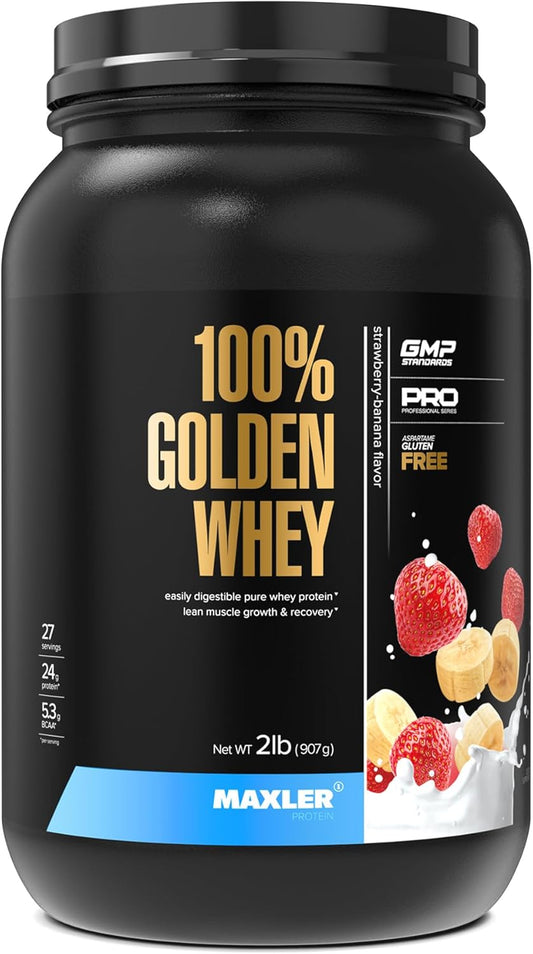 Maxler Golden Whey Protein Powder - 24g Protein/Serving - Fast-Absorbing Blend of Whey Concentrate, Isolate & Hydrolysate - Strawberry Banana Flavor - 2 lbs