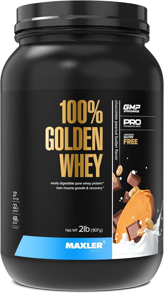 Maxler Golden Whey Protein Powder - Chocolate Peanut Butter Flavor - 22g Protein Per Serving - Fast-Absorbing Blend for Pre, Post, and Intra Workout - 2 lbs