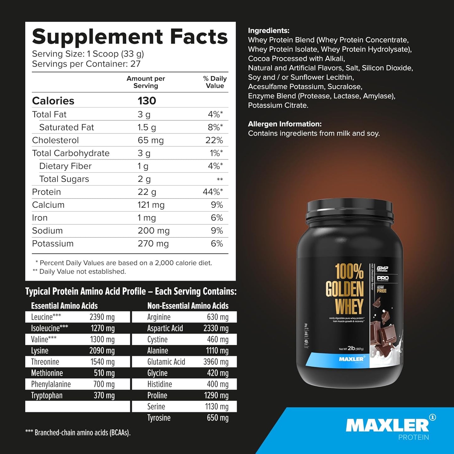 Maxler Golden Whey Protein Powder: Rich Chocolate, 22g Protein per Serving, Low Fat, Low Carb, Complete Amino Acids - 2 lbs