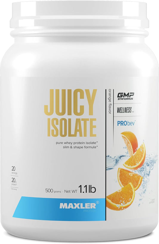 Maxler Juicy Isolate Protein Powder - Orange Clear Whey Isolate for Muscle Recovery - Low Lactose, Fat & Sugar Free - Pre & Post Workout Drink - 90% Protein - 1.1 lb (20 Servings)