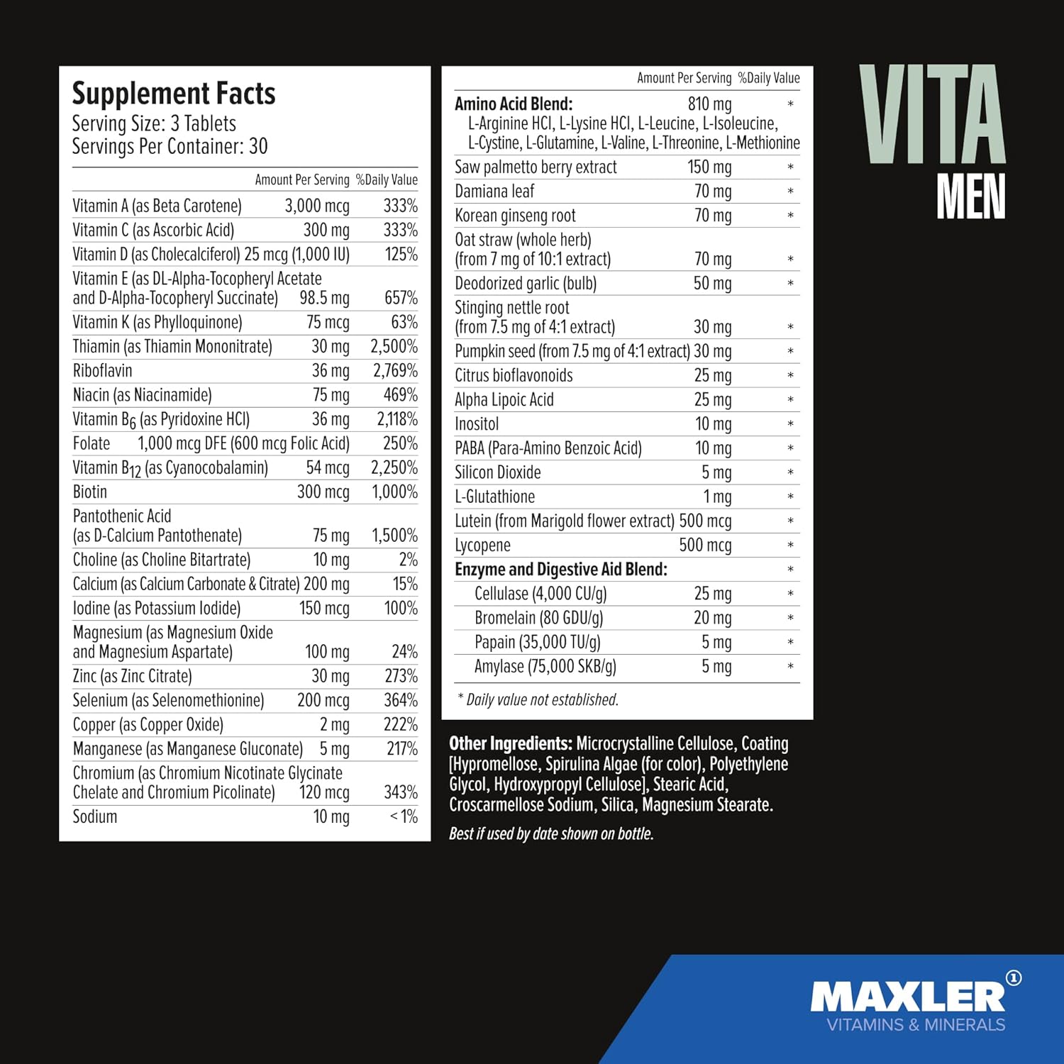 Maxler VitaMen Multivitamin for Men - High Potency Sports Performance Men's Vitamins with Amino Acids, Enzymes - 90 Tablets