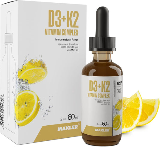 Maxler Vitamin D3 K2 Drops with MCT Oil - Heart, Bone & Immune Support - No GMO, No Colors, No Sweetener, No Alcohol - 5000 IU Vitamin D3 & 500 mcg Vitamin K2 - 120 Servings Lemon Flavor