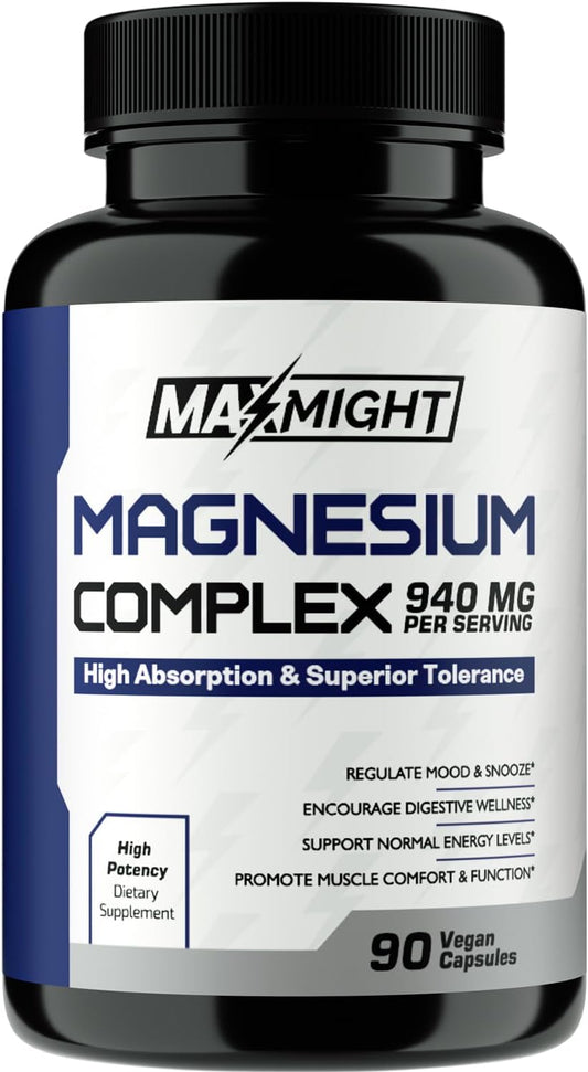 MaxMight Magnesium Complex - 210mg Elemental Magnesium - Glycinate, Citrate & Malate - Non-GMO - Max Absorption - Muscle, Mood, Energy Support - 90 Vegan Capsules