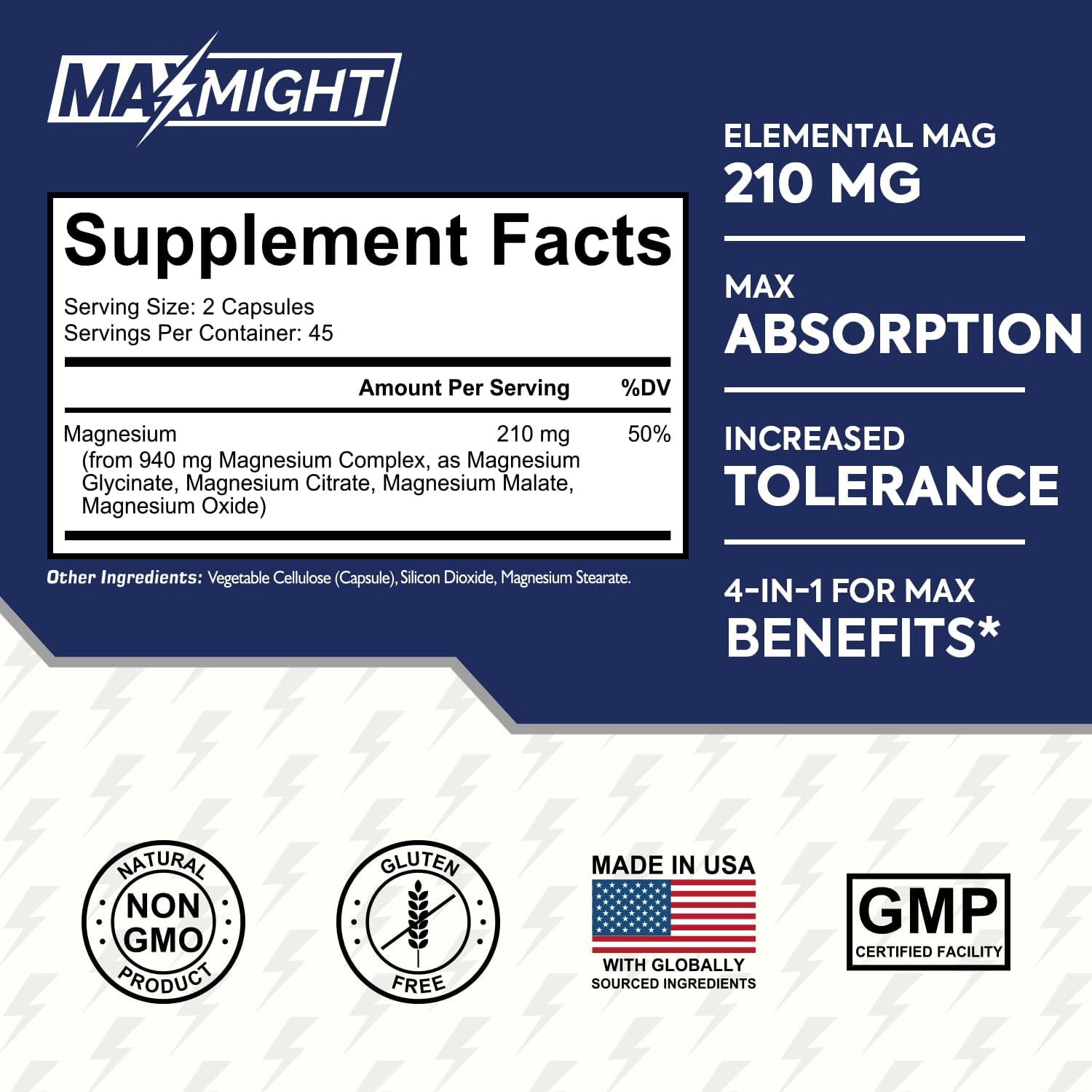 MaxMight Magnesium Complex - 210mg Elemental Magnesium - Glycinate, Citrate & Malate - Non-GMO - Max Absorption - Muscle, Mood, Energy Support - 90 Vegan Capsules