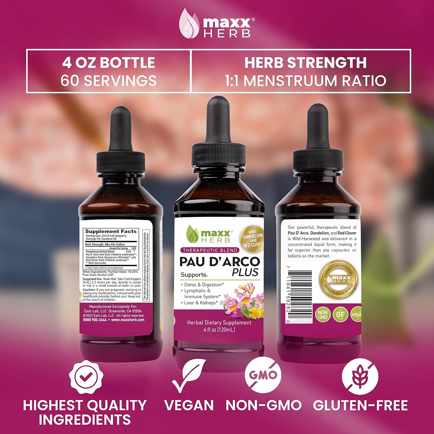 Maxx Herb Immune Support Pau D'Arco Extract with Dandelion Root & Red Clover Therapeutic Blend - 4 Oz Bottle