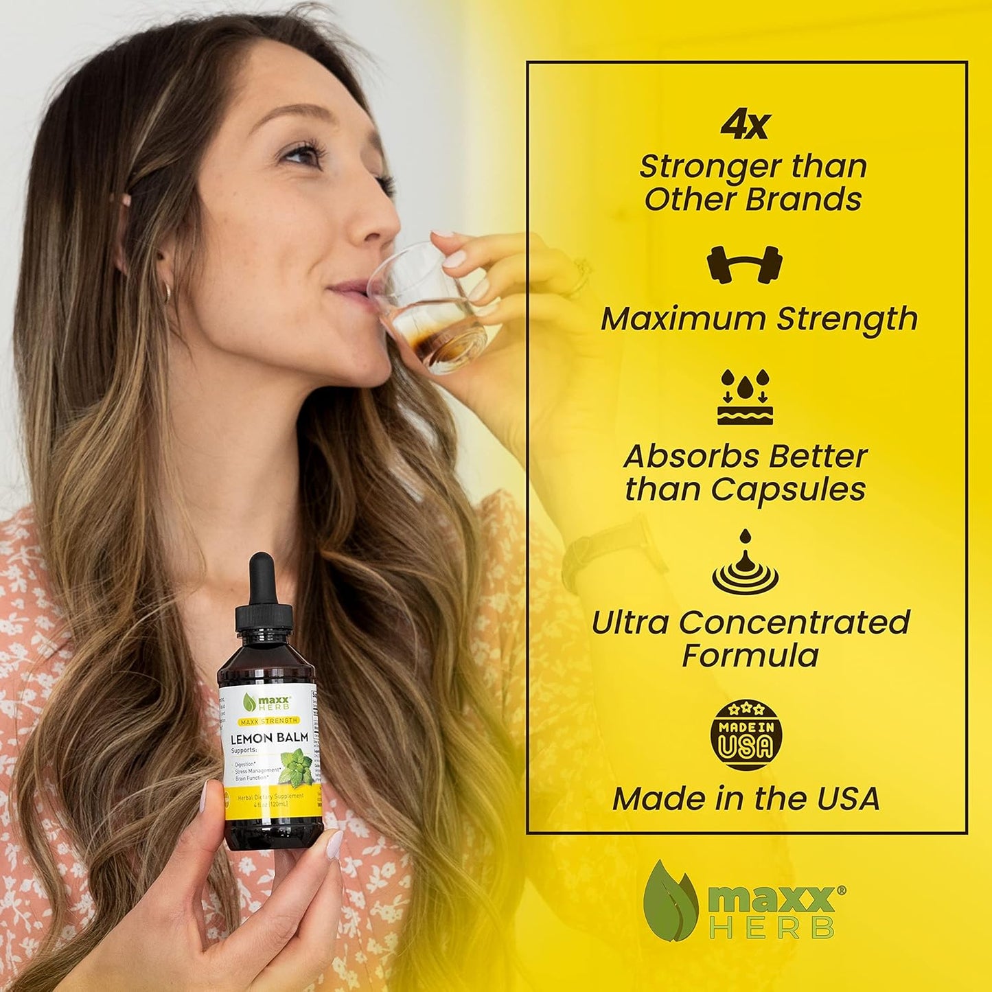 Maxx Herb Lemon Balm Extract - High Potency Liquid Tincture for Stress Relief and Nervous System Support - Alcohol-Free Formula - 4 Oz Bottle