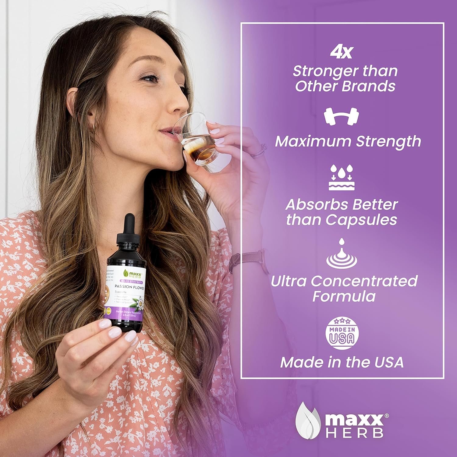 Maxx Herb Passion Flower Liquid Extract - High Potency Stress Relief Formula, Alcohol-Free - 4 Oz Bottle (60 Servings)