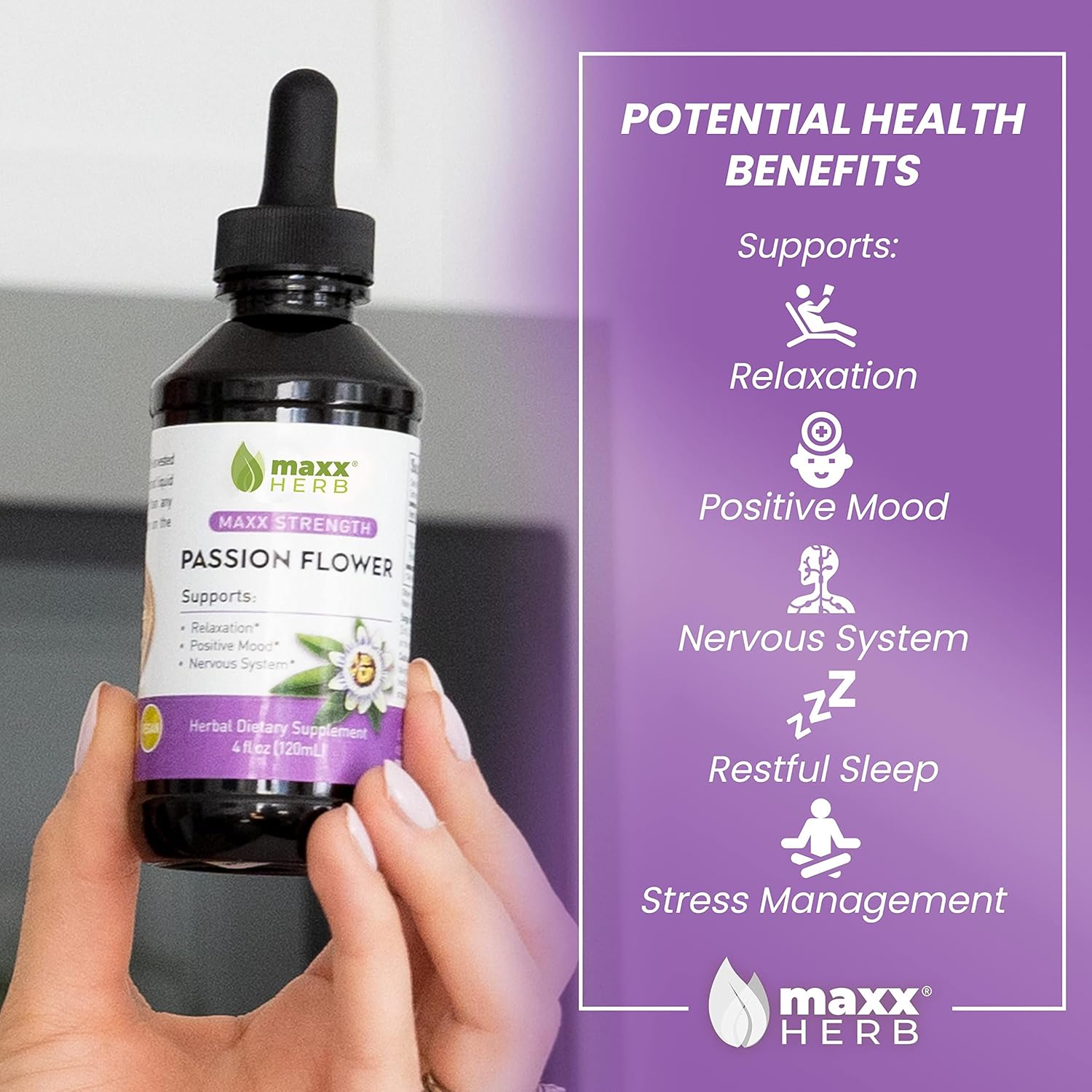 Maxx Herb Passion Flower Liquid Extract - High Potency Stress Relief Formula, Alcohol-Free - 4 Oz Bottle (60 Servings)