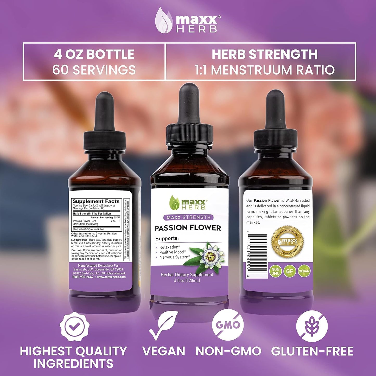 Maxx Herb Passion Flower Liquid Extract - High Potency Stress Relief Formula, Alcohol-Free - 4 Oz Bottle (60 Servings)