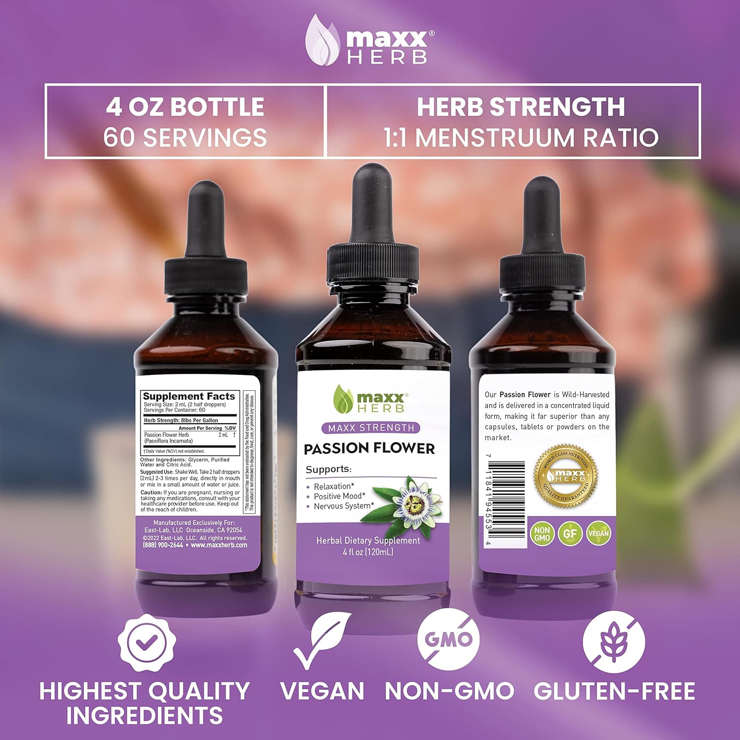 Maxx Herb Passion Flower Liquid Extract - High Potency Stress Relief Formula, Alcohol-Free - 4 Oz Bottle (60 Servings)