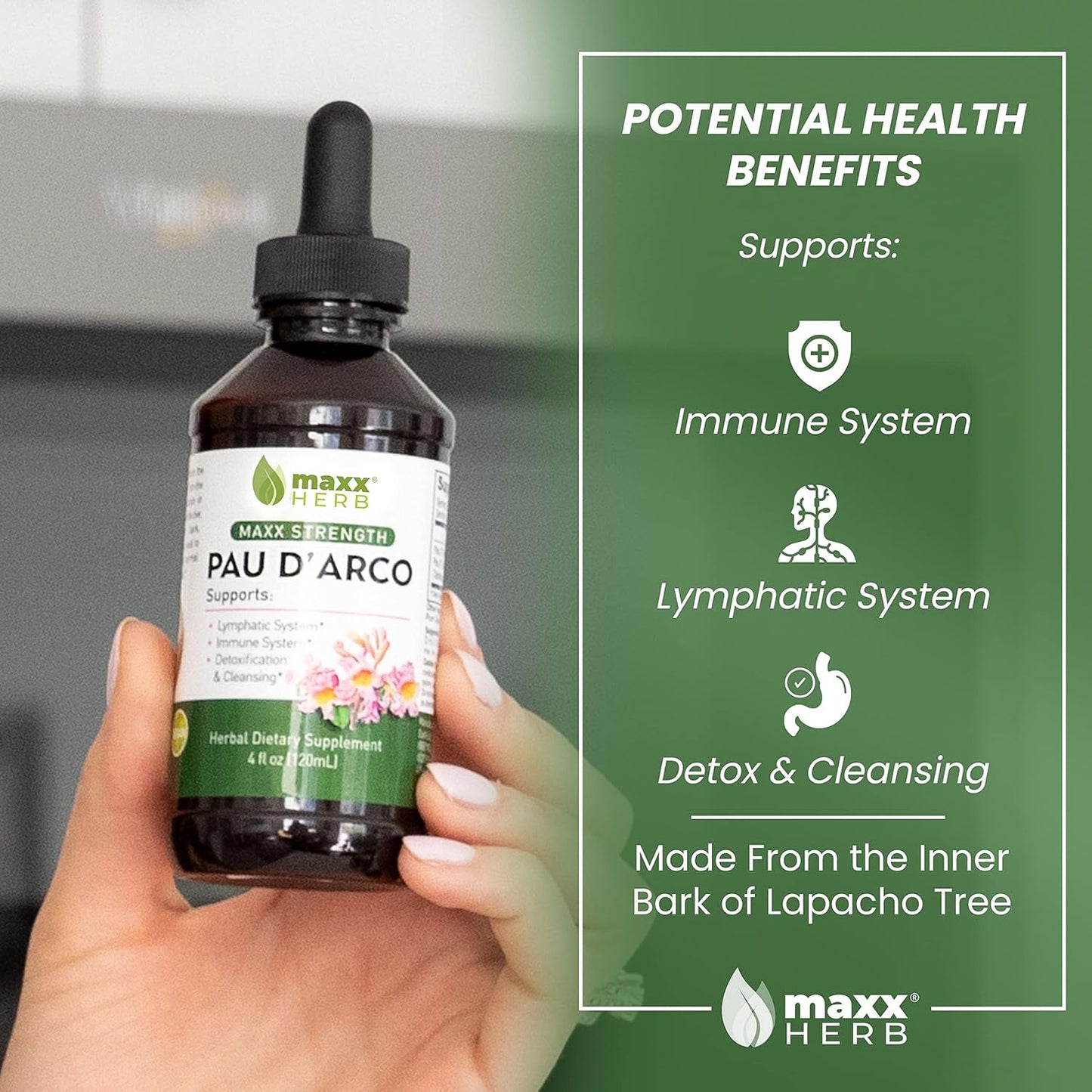 Maxx Herb PAU D'Arco Tincture - High Potency Immune Support Extract, Taheebo Tea Inner Bark - 4 Oz Bottle (60 Servings)