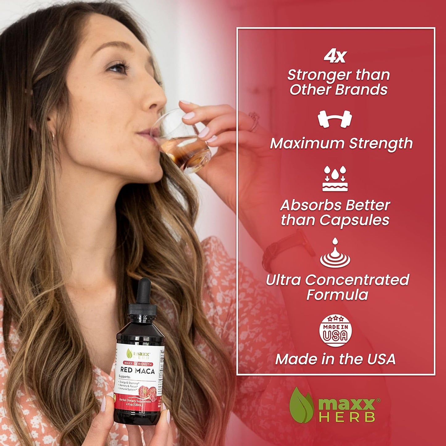 Maxx Herb Red Maca Root Extract Liquid Drops - High Potency for Stamina, Memory, and Focus - 4 Oz Bottle (60 Servings)