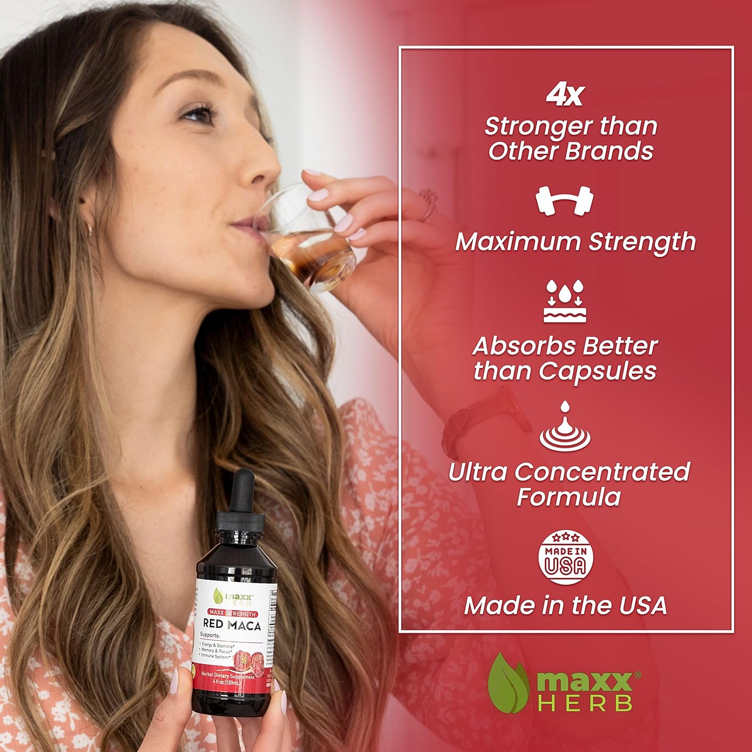 Maxx Herb Red Maca Root Extract Liquid Drops - High Potency for Stamina, Memory, and Focus - 4 Oz Bottle (60 Servings)
